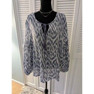 Lee Top Women’s 1X Purple Gray Ikat Print Boho Peasant Crochet Flutter Blouse